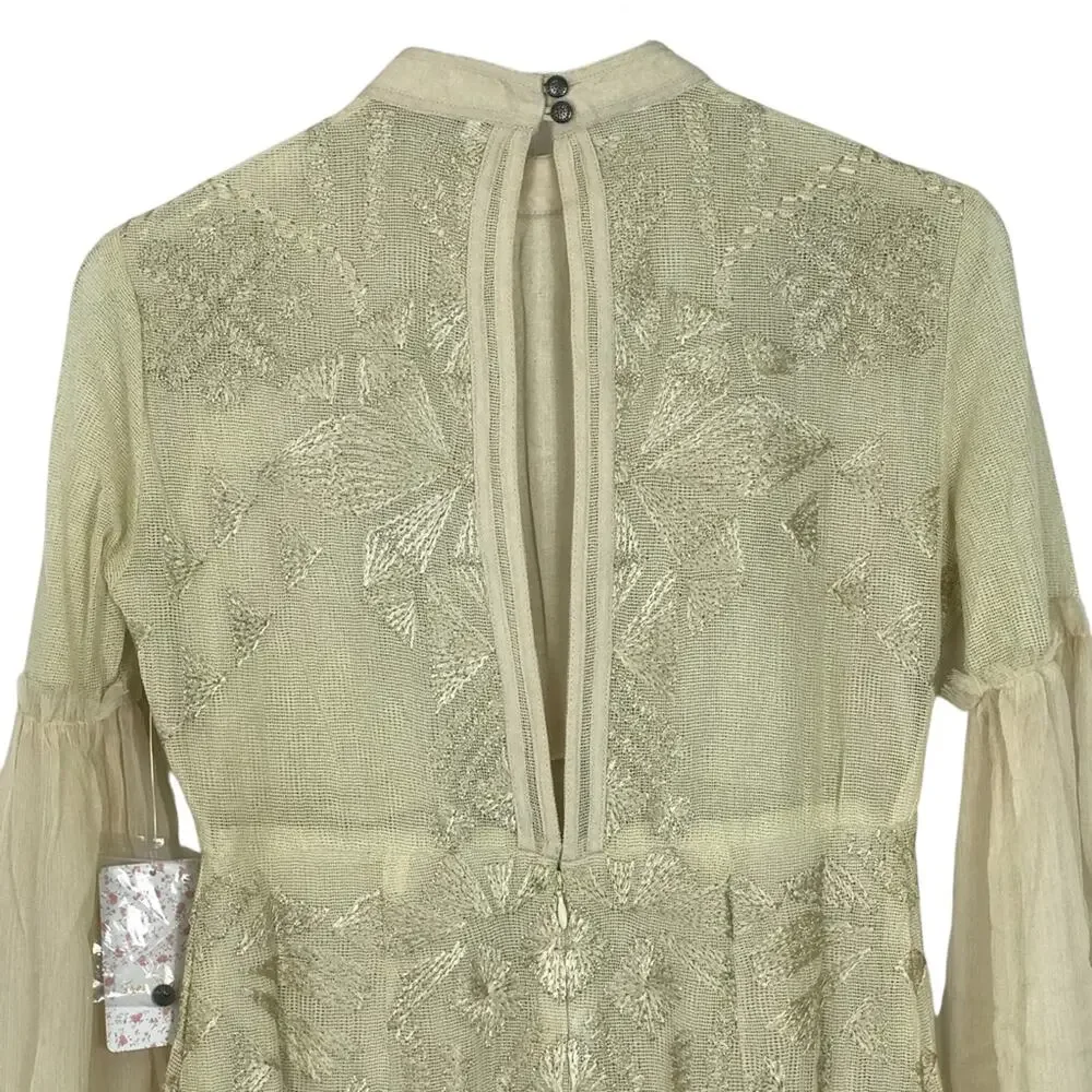 Free People Cleo Embroidered Mini Dress Bell Sleeves Open Back Size 0 NEW